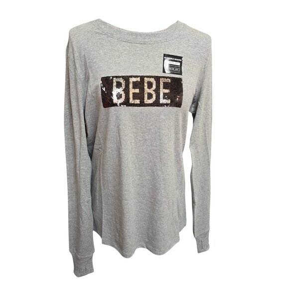 bebe Women's Gray Long Sleeve Sequin Embellishment Tee Shirt Large NWT - Picture 2 of 7